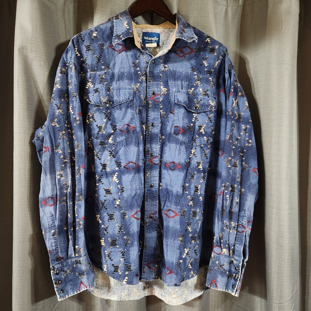 Vintage Wrangler Western Shirt Blue Aztec Geometric Snap Button Long Sleeve XL